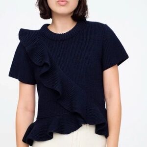 Sea New York Wool Ruffle Short Sleeve Sweater Top Navy Blue Women's Size XS